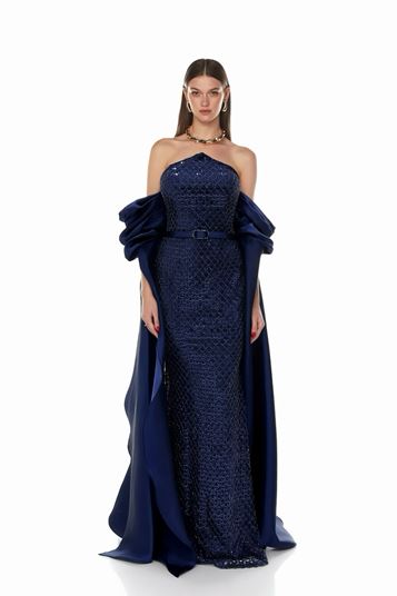 Abito da sera blu navy senza spalline con paillettes
